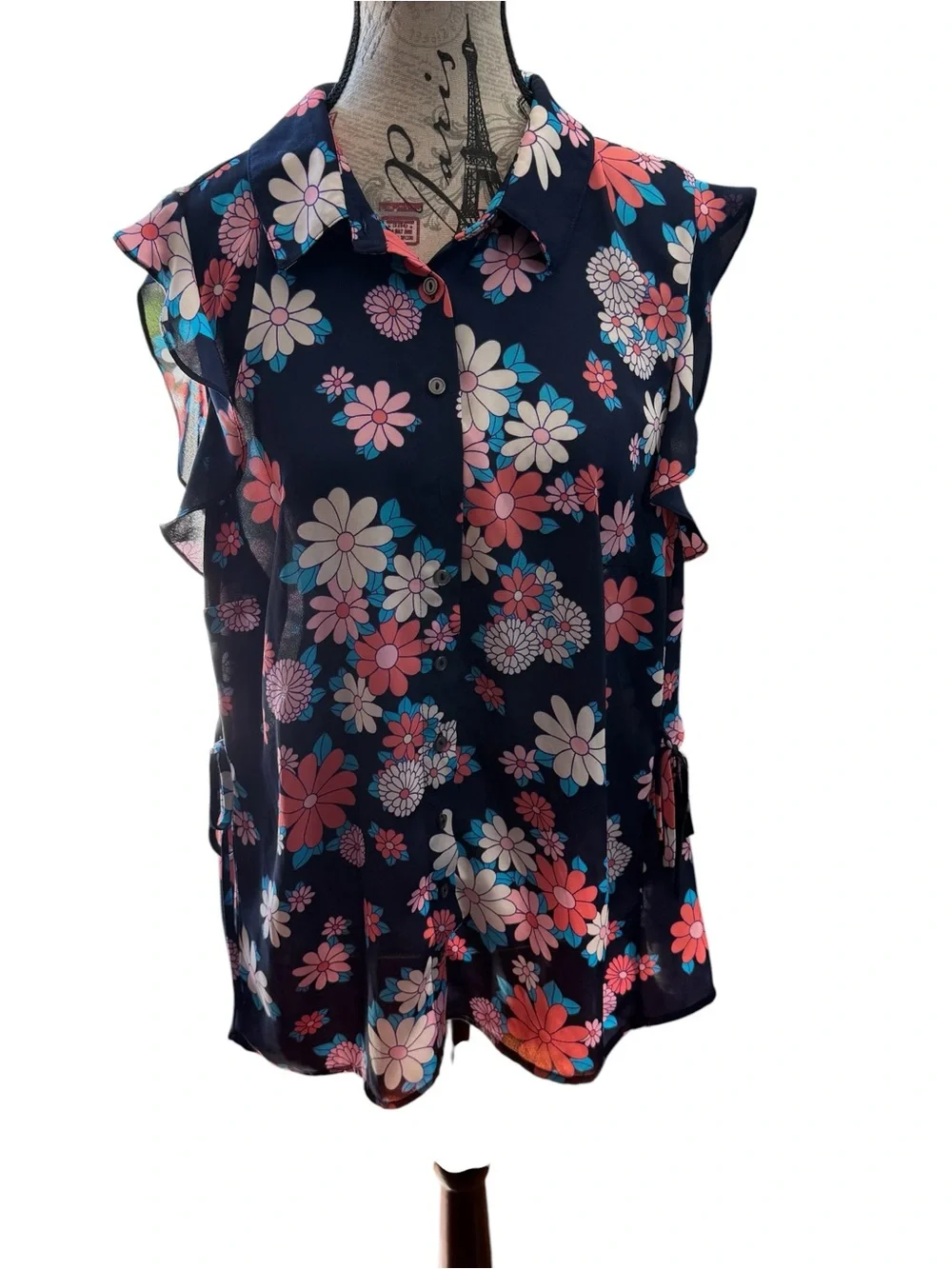 Modcloth Navy Floral Ruffle-Cap Button Blouse - Picture 2 of 8